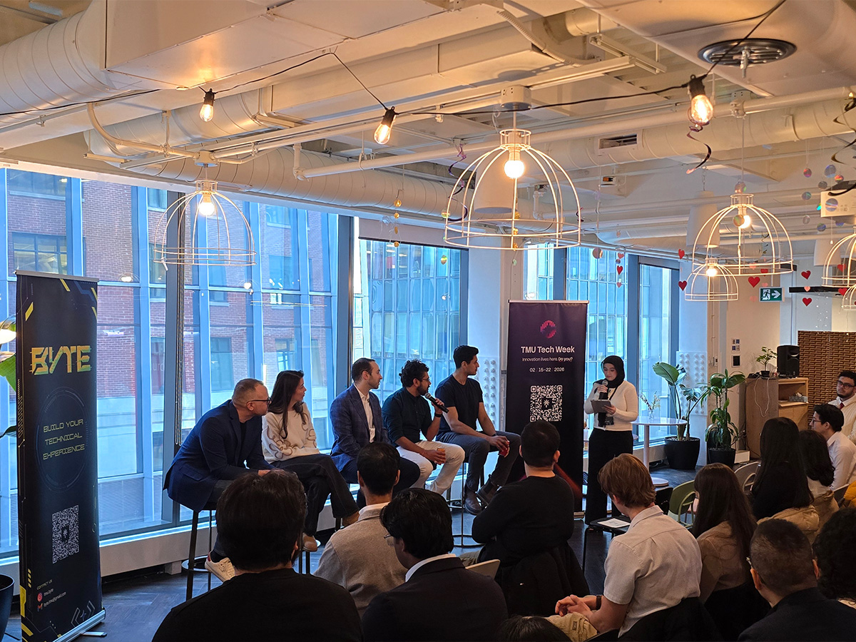 Areej Ubaid introducing panelists at Slalom office