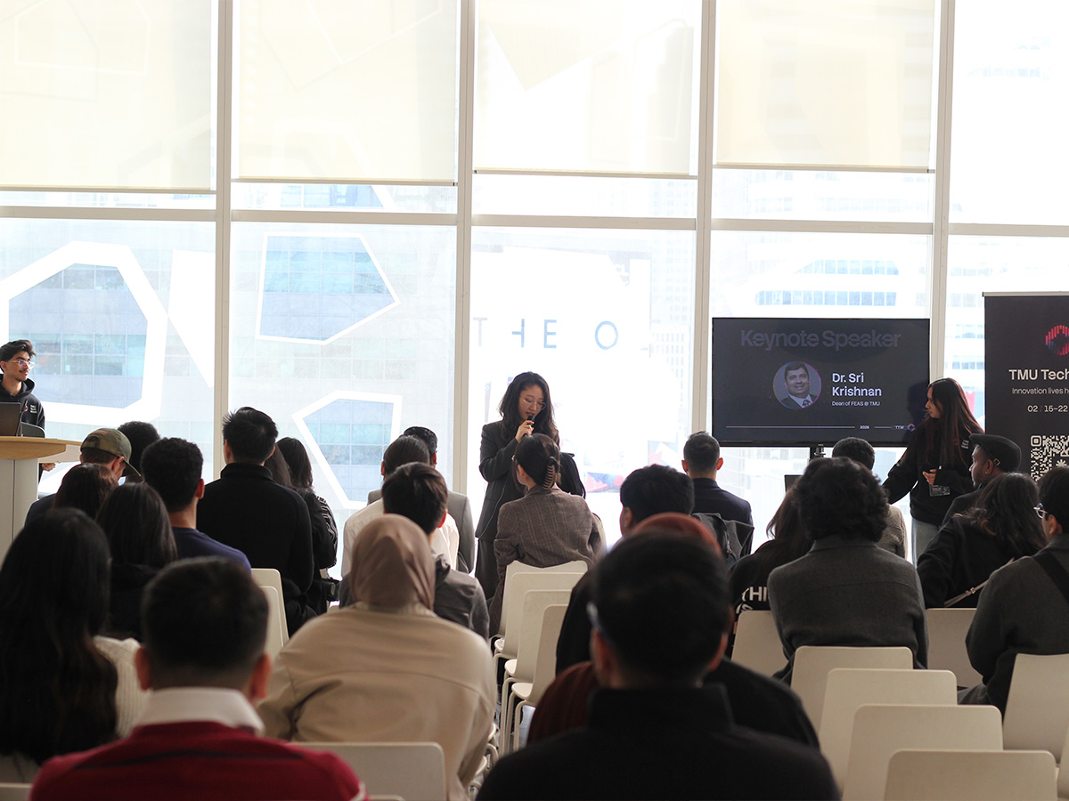 Student introducing keynote speaker at TMU Tech Week