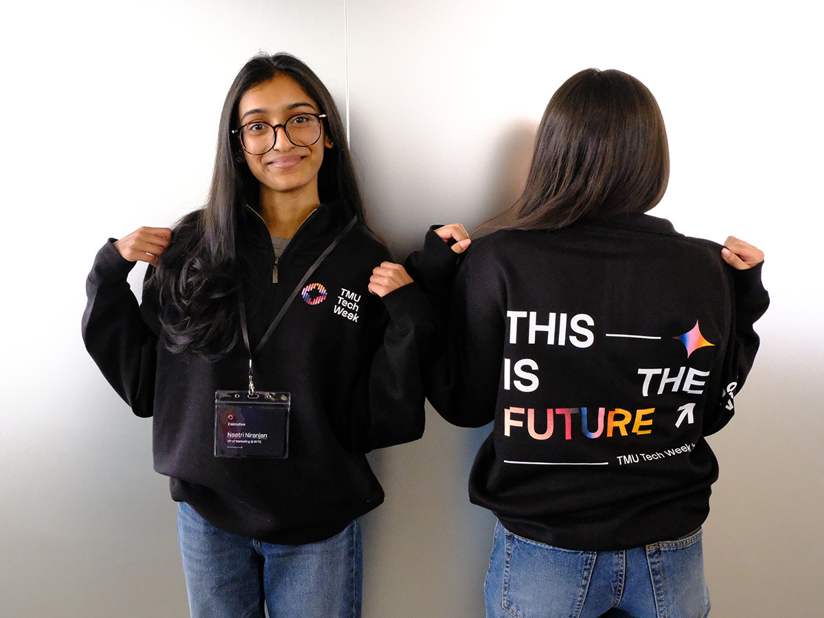 Front and back of TMU Tech Week sweater