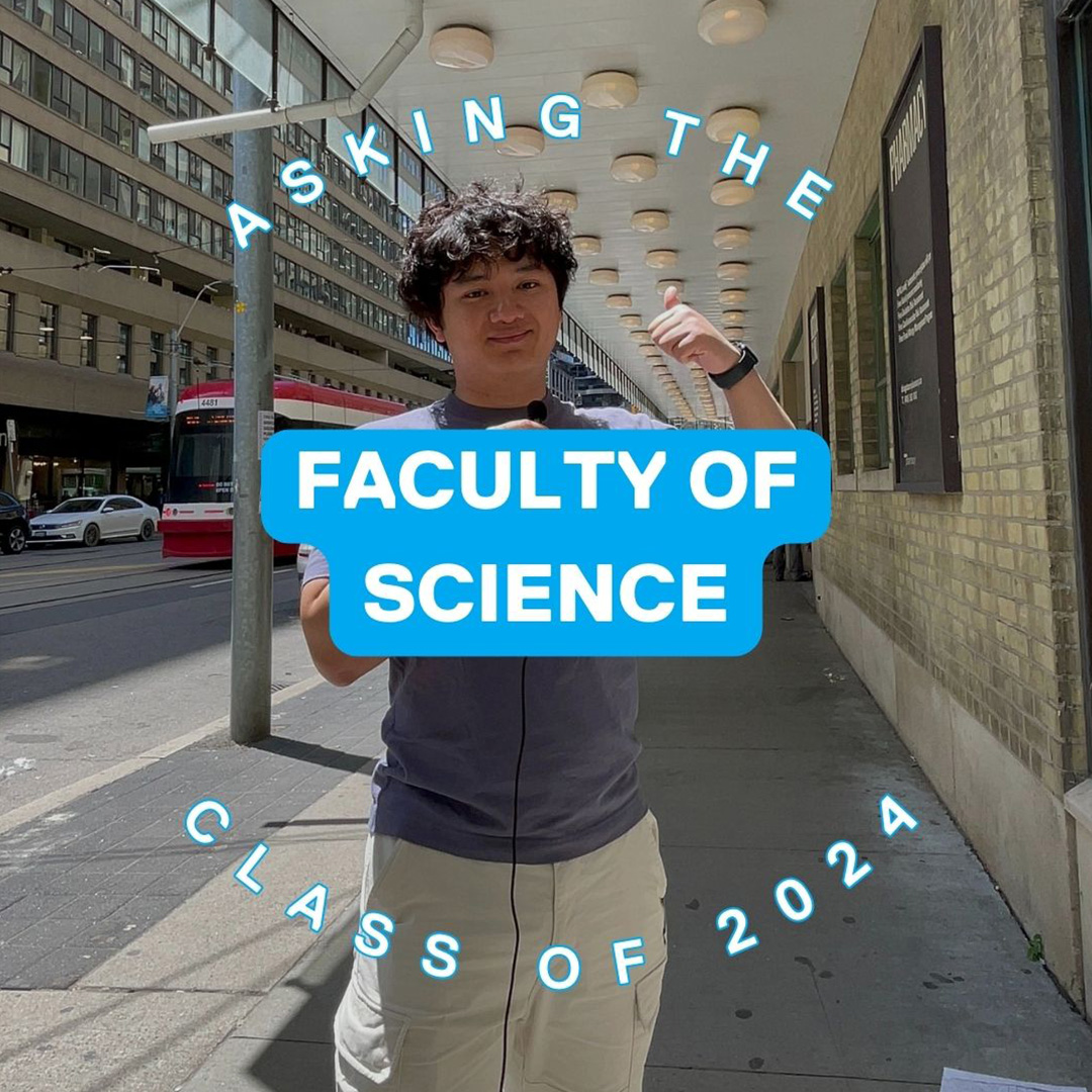 Alumnus Steven Tran holding microphone with text: "asking the class of 2024: Faculty of Science"