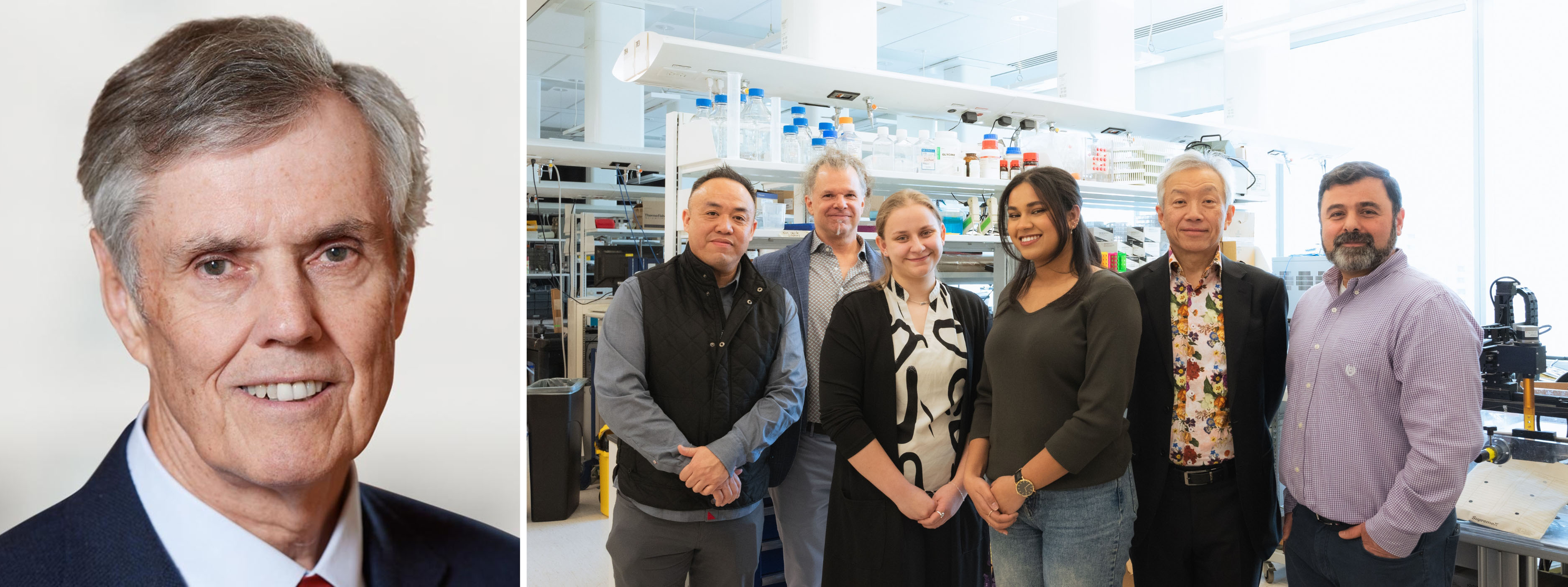 Photo of Peter Bowie, next to a photo of Tom Yim, Dean David Cramb, Kaitlyn Sims, Neha Nasir, Gabriel Leung, and Dr. Raffi Karshafian.