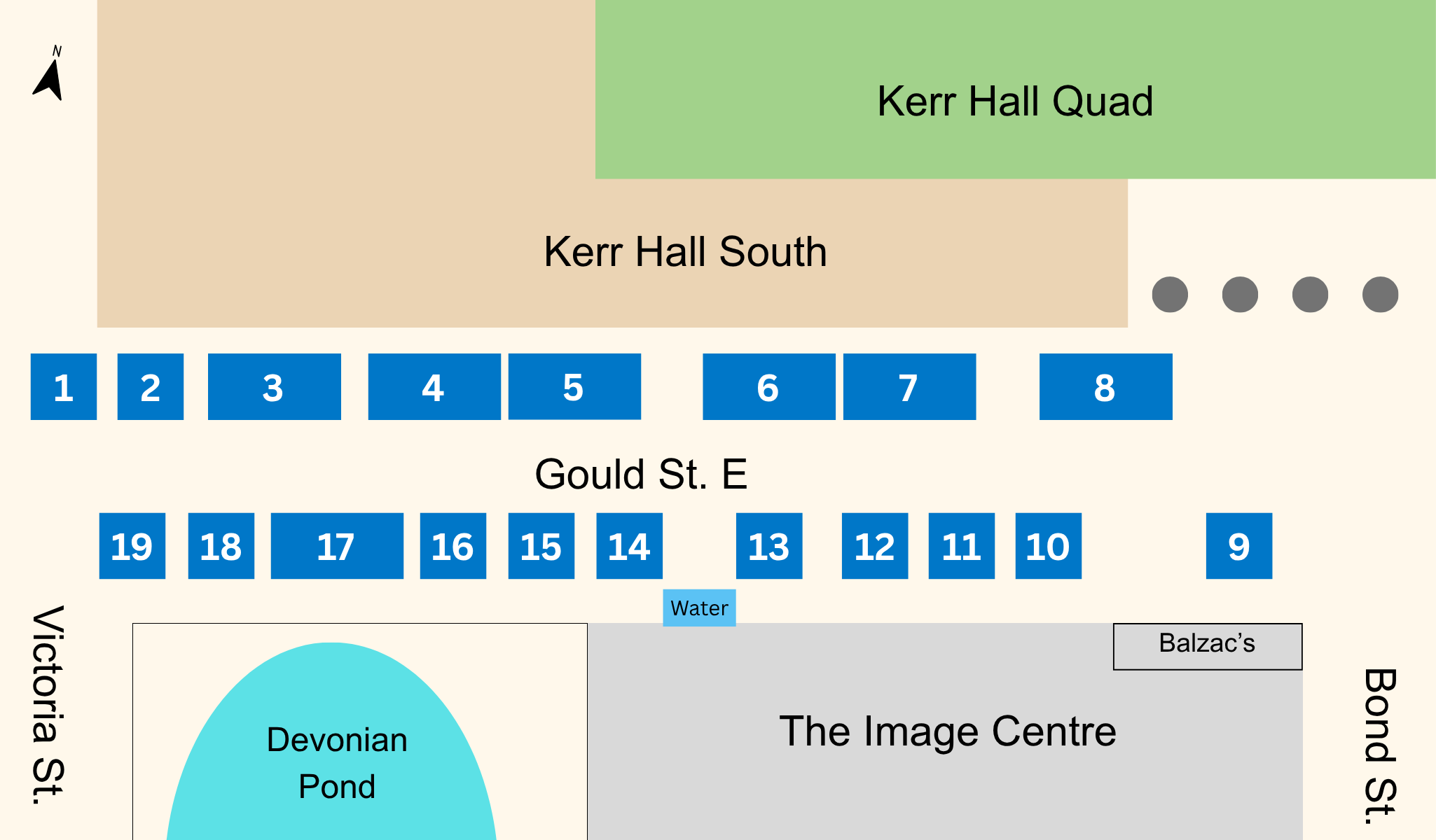A sitemap with elements that illustrates twenty-one booths on Gould Street from the intersection of Victoria Street to Bond Street at the heart of TMU campus.