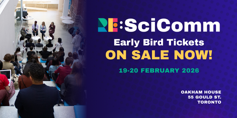 RE:SciComm registration announcements ad with graphic of conference attendees on the left and text on the right