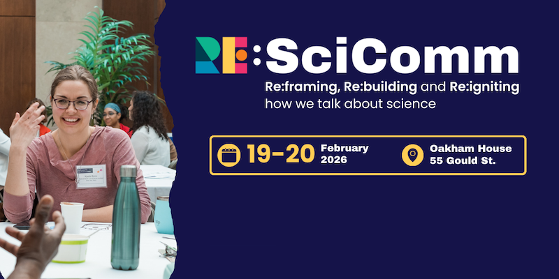 RE:SciComm registration announcements ad with graphic of conference attendees on the left and text on the right