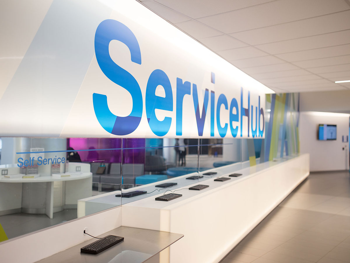 Angled shot of ServiceHub self-service desk.