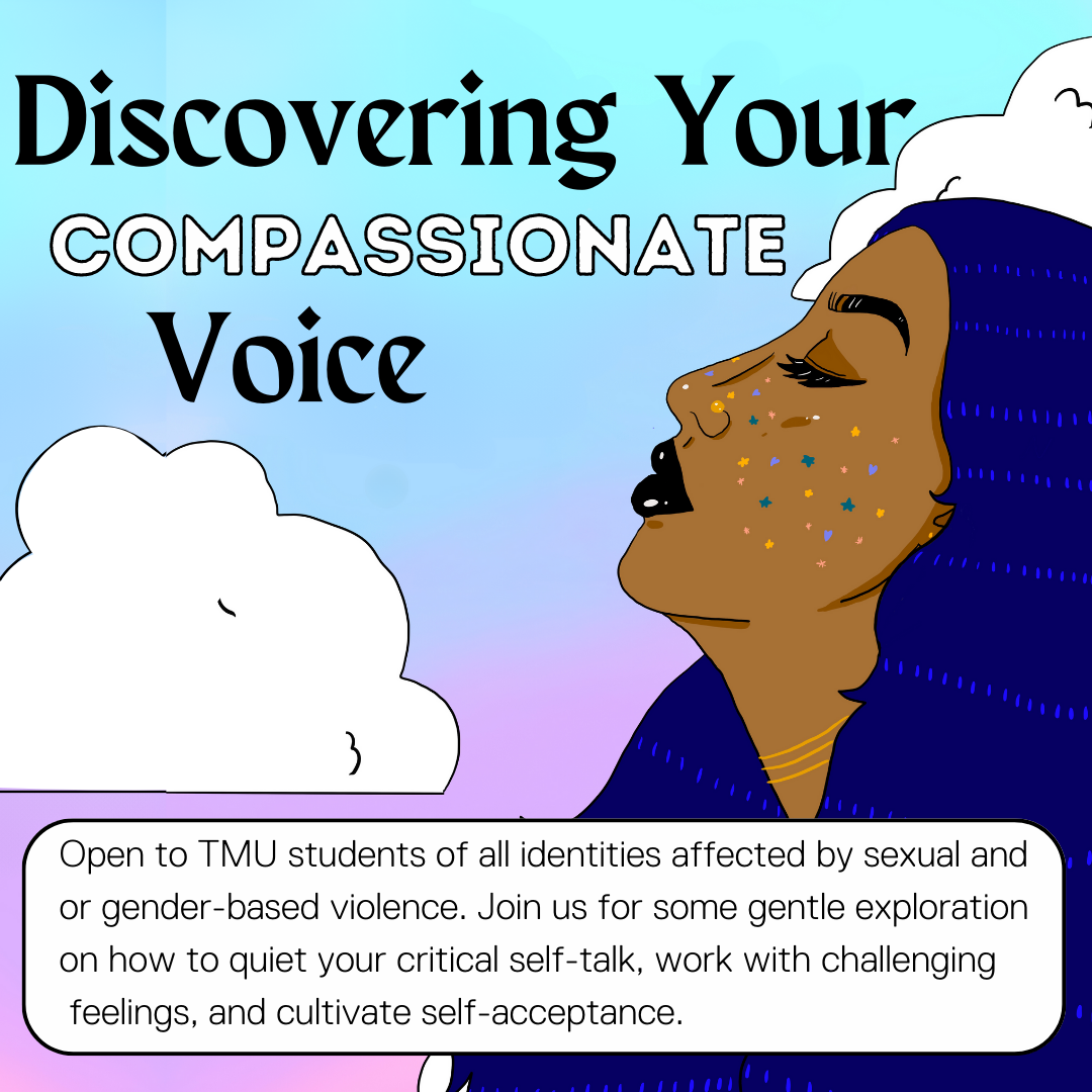 Graphic of a femme with their eyes closed, lifting their face to the blue and purple sky with the writing "Discovering Your Compassionate Voice".