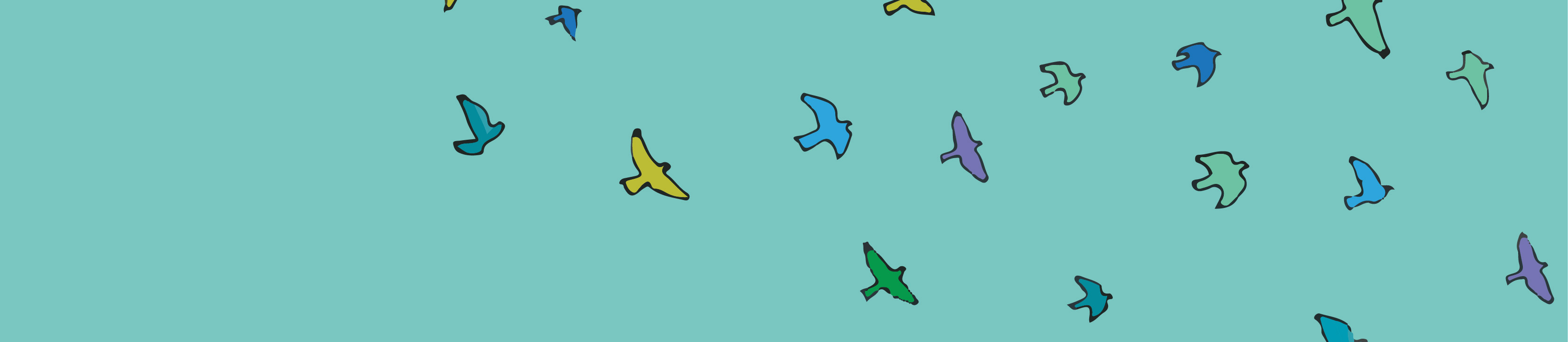 Banner with illustrative birds flying across it.