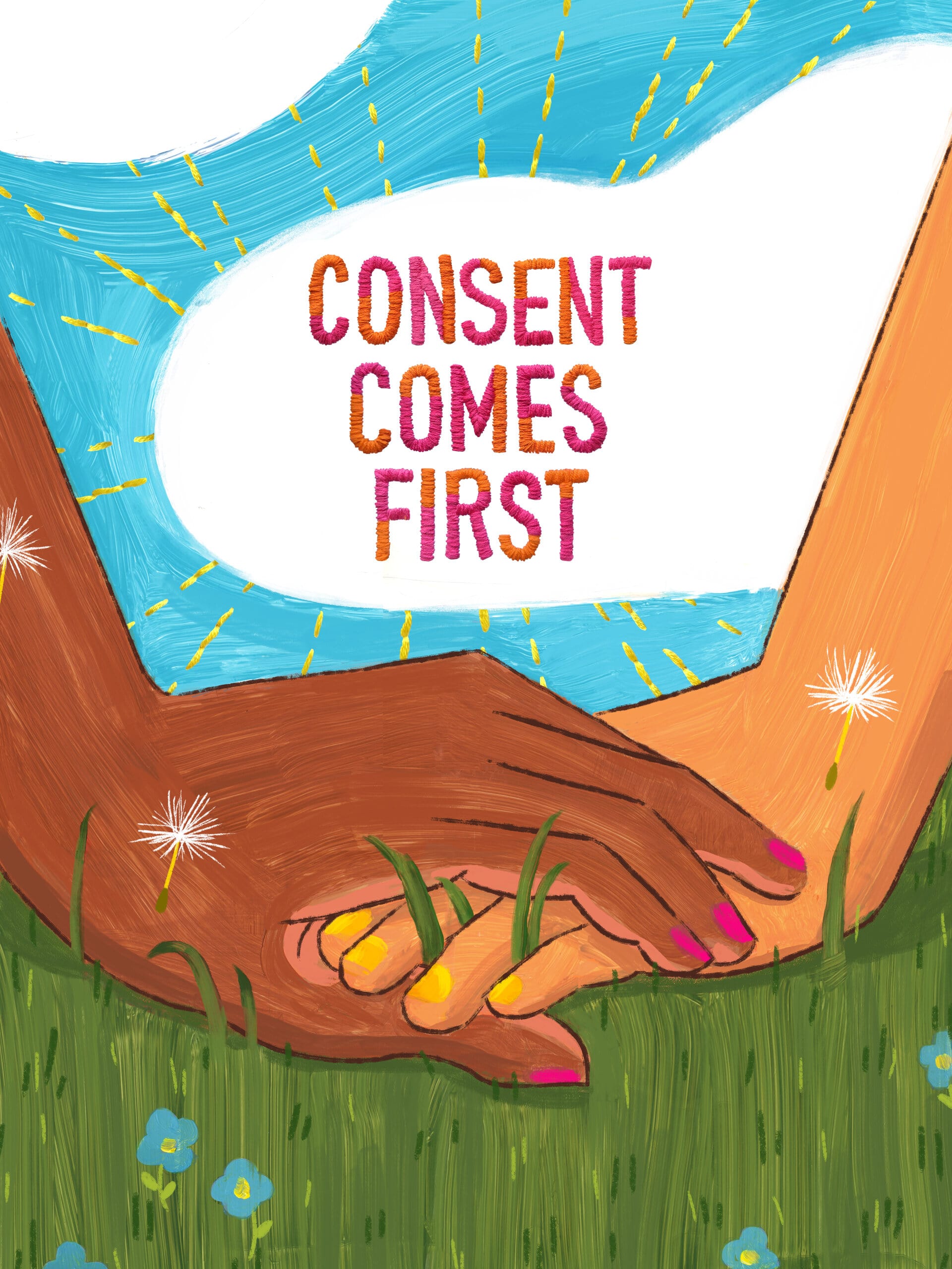 Graphic of two hands holding each other on grass with the text "consent comes first" above.