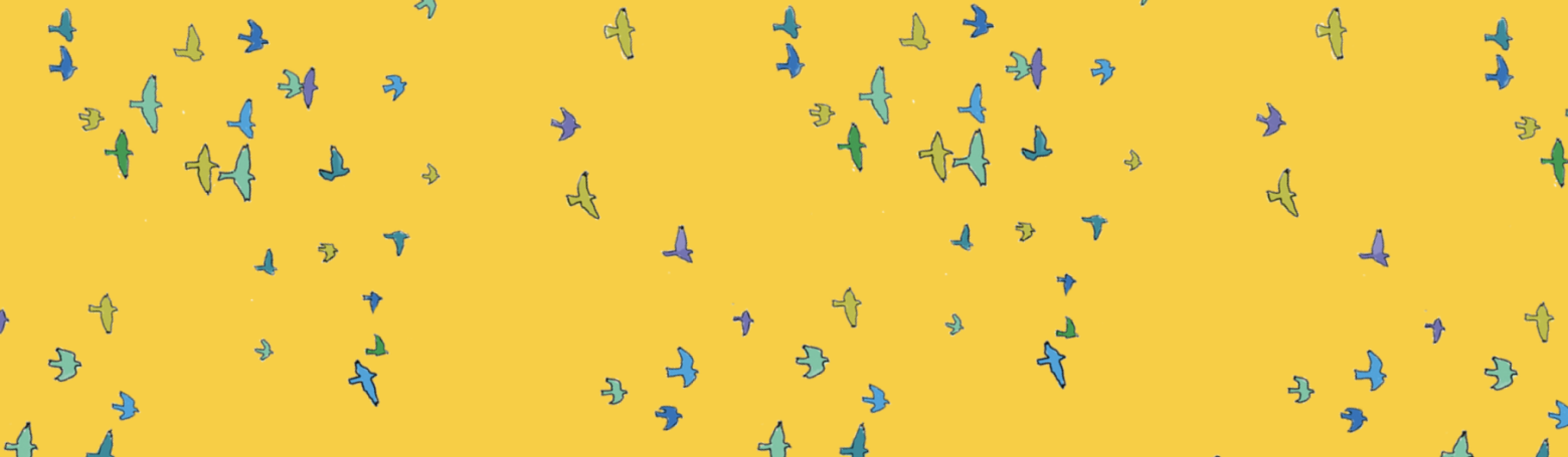 Illustration of various blue, yellow, purple birds on a yellow background.