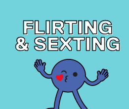 Graphic with the text "flirting & sexting" with blue character blowing a kiss.