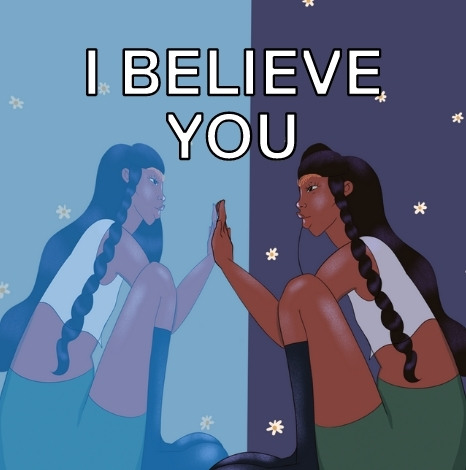 Illustration of a girl looking at her reflection with the text "I believe you" on top.