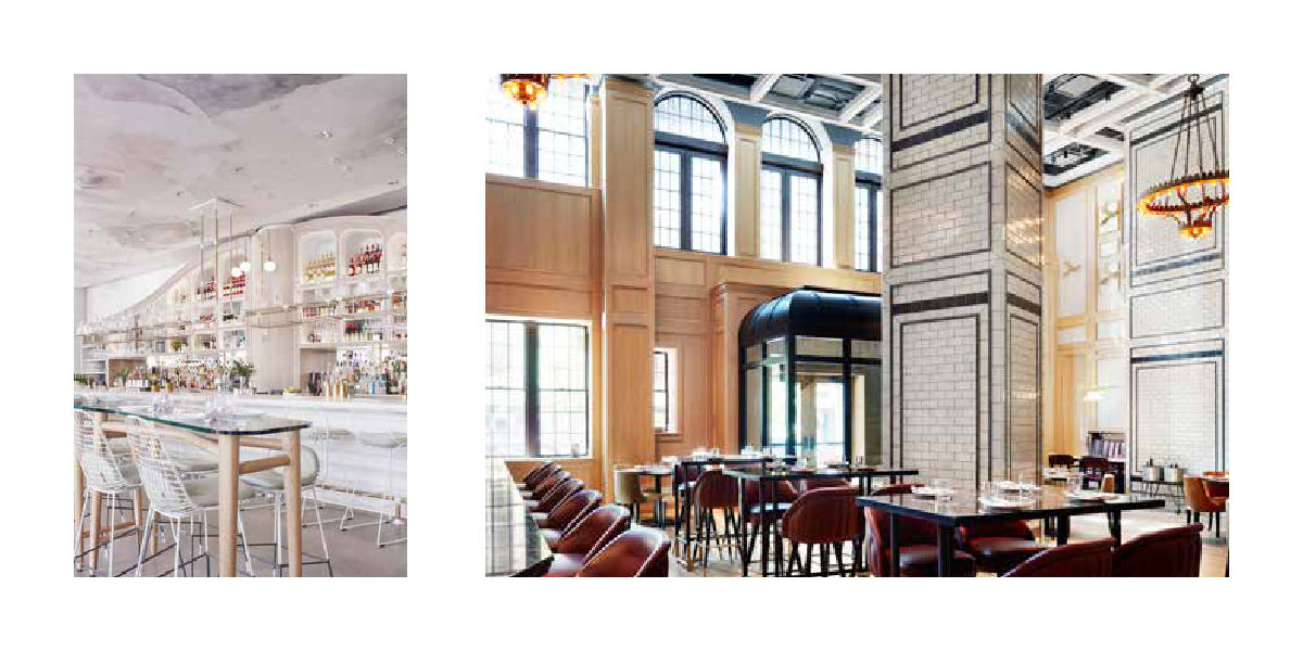 Two images. Left Image: Bright Cafe with white furniture and a wall of drinks behind the bar. Right Image: Large cafe with tall ceilings and red chairs.