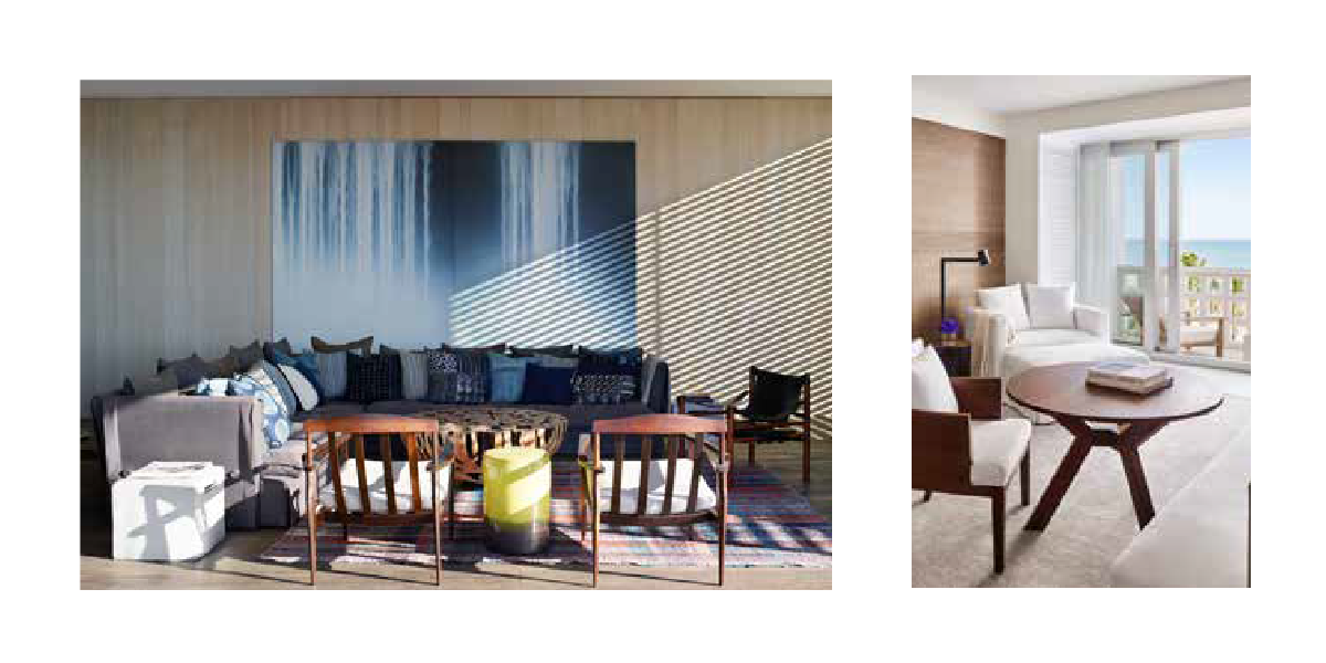 Two Images. Left image: Living room space with a dark grey church and brown chairs. Right image: Bright living room with brown coffee table and white seats with a view over the city. 