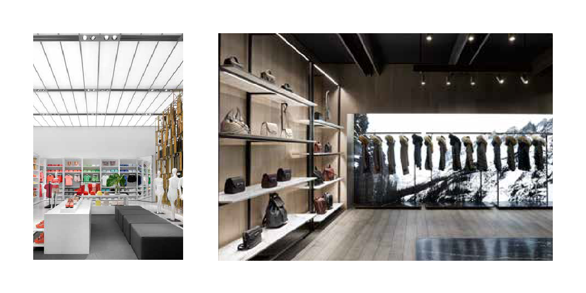 Two images. Left image: Retail space with white walls and ceiling. Right image: Clothes handing in a retail space and bags on a shelf. 
