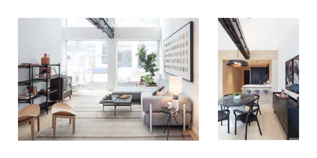 Two images. Left Image: Spacious living room with white walls, large artwork on the wall and a grey couch and black coffee table. Right Image: Dark furniture front of a kitchen.