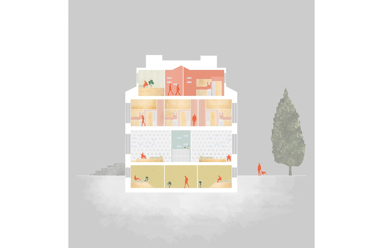 Rendering of building interiors showing four floors, done by Holly MacMillan, IRN 700
