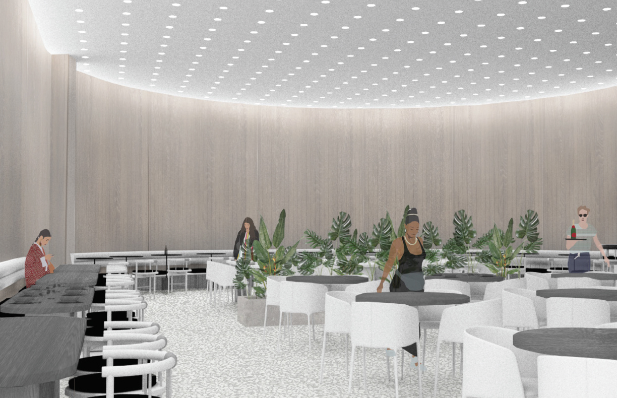 Rendering of interior restaurant space showing white planters with large plants, and table seating all around - IRN 800