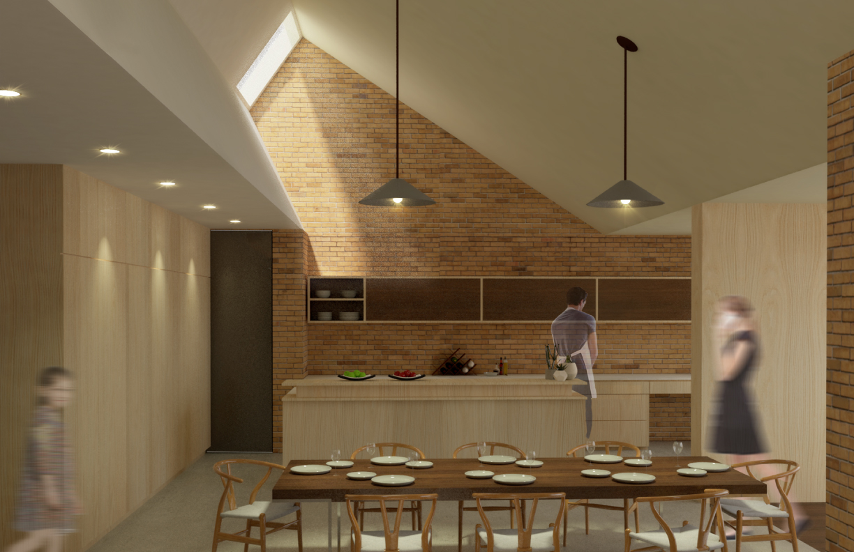 Rendering of a modern dining room with a sunroof ceiling and wooden interiors by Yasar Selin - IRC 312
