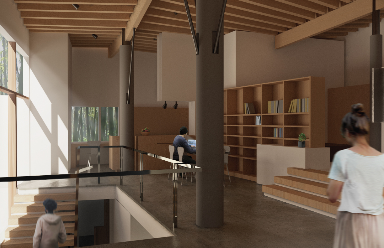 Artistic rendering of a rustic, wooden interior space with grand windows and stairs by Conan Chan - IRC 312