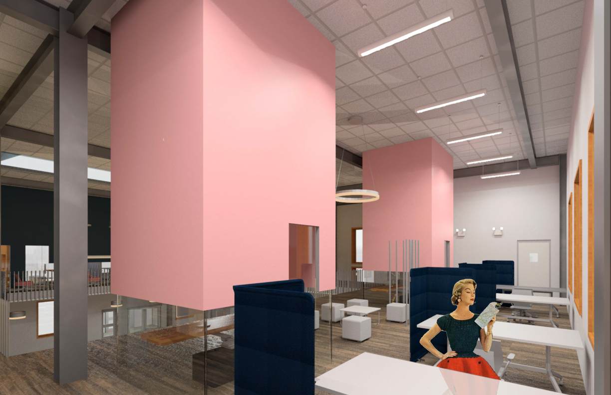 3D Rendering of a large reading area with two oversized pink pillars in the middle of the room - IRN500
