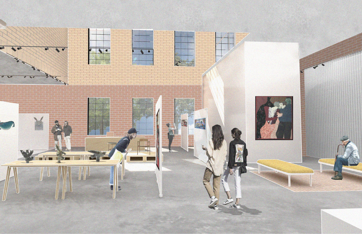 Artistic rendering of an open-concept courtyard with soft seating and art exhibition walls by Kelly Walcroft - IRN500 
