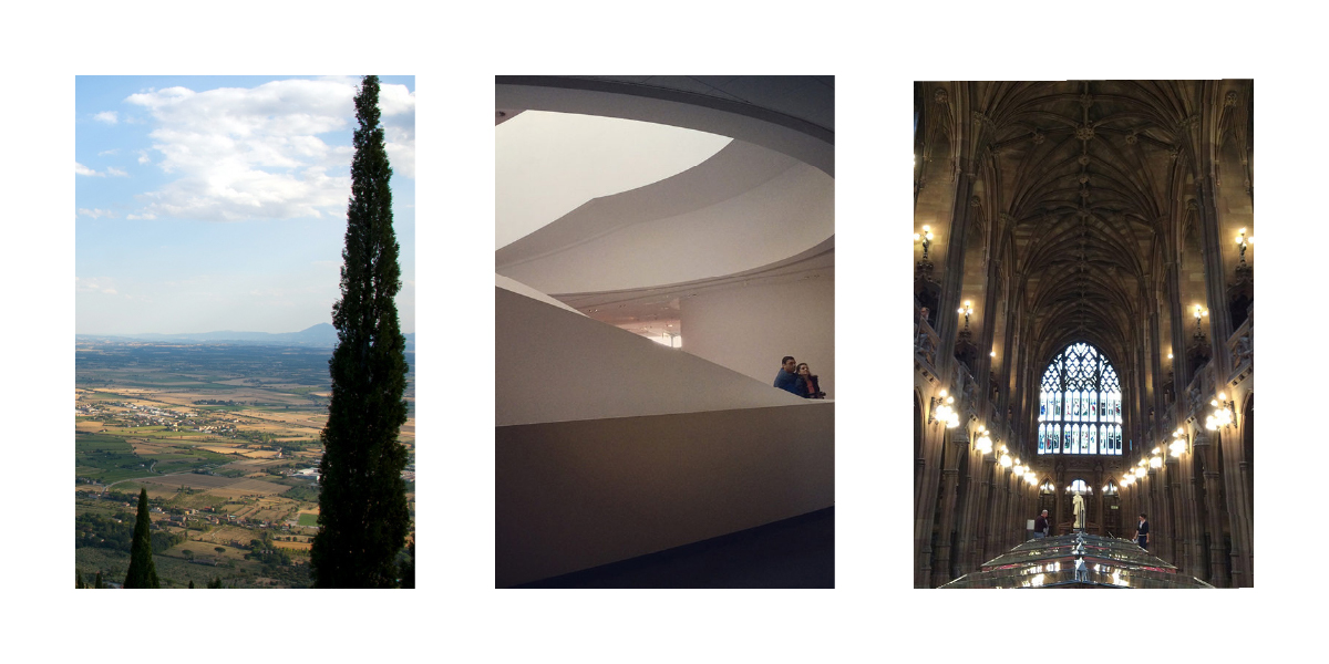 Three images. Left image: Landscape of Italy with a mountain in the background. Centre image: Abstract staircase. Right image: Old church from the inside.