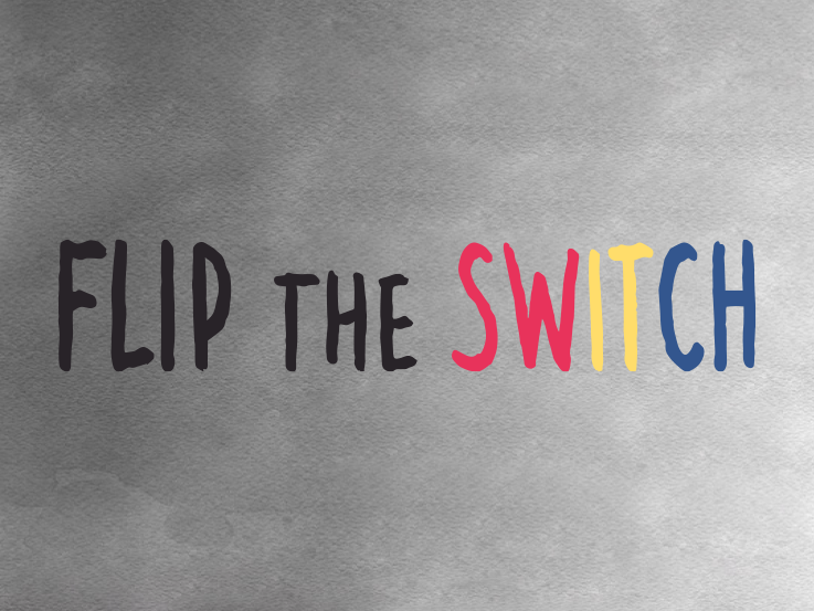 A dark grey water colour background with the words "FLIP THE" written in black font and "SWITCH" written in red, yellow and dark blue font.