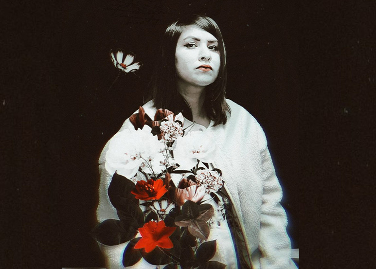 Black background with black and white image of a woman overtop. The woman is holding a bouquet of red and pink flowers.
