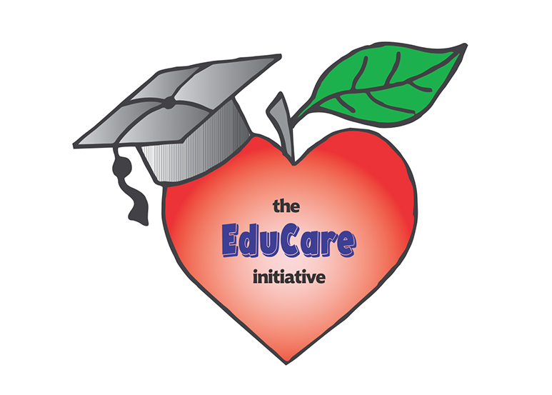 Red apple in the shape of a hear, with a green lead and graduation cap. Blue font reads "The Educare Initiative"