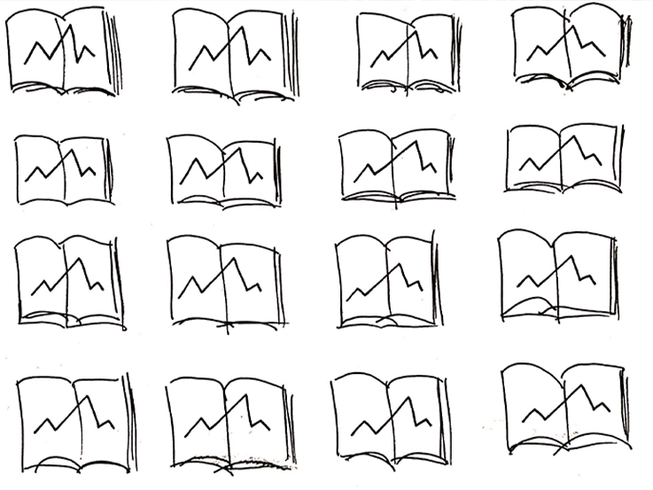 A black and white image of 16 open books laid out in rows of 4 by 4. Each book has the outline of a mountain drawn on it.