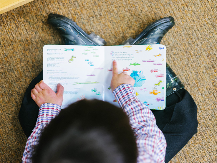 Child sitting on the floor reading a picture book. 