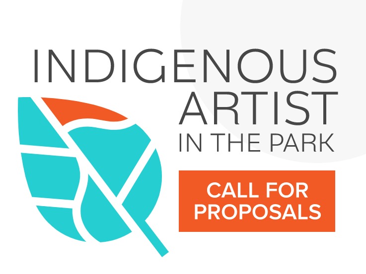White background with grey circle in the top right corner and teal leaf in the bottom left corner. Overtop is the text "Indigenous Artist in Residence" in black font. Under is the text "Call for Proposals" in white font overtop of an orange rectangle background. 