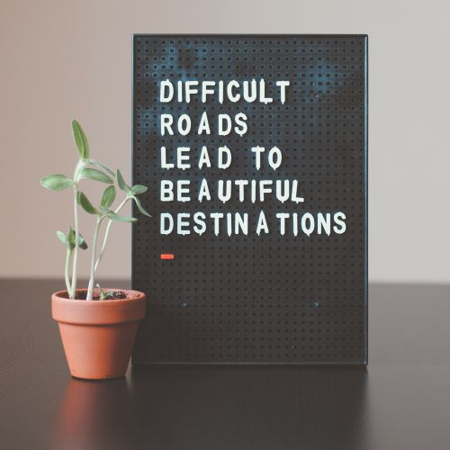 a lettered sign reading 'difficult roads lead to beautiful destinations' beside a small plant
