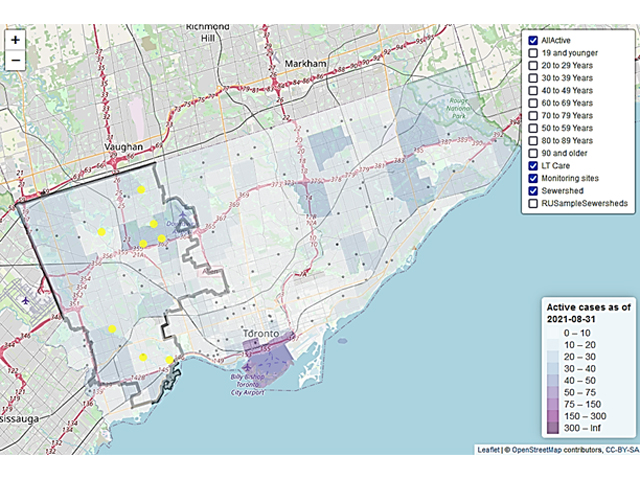 Data map indicating Covid-19 virus levels in Toronto neighburhoods available through waste water analysis.