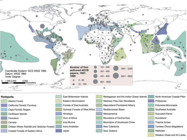 Map of publication output in five leading applied ecology and conservation biology