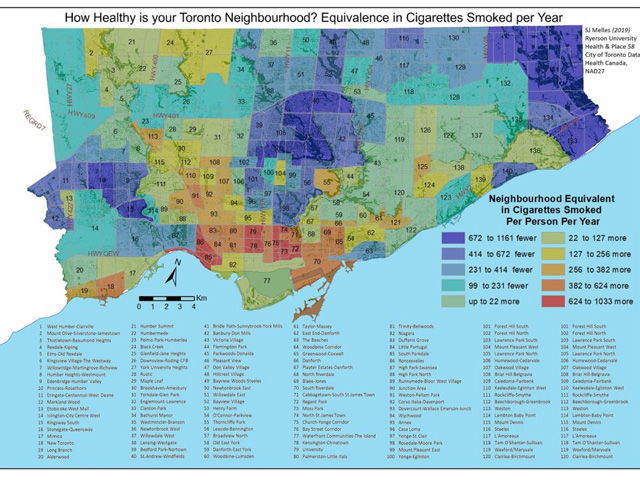 Map of Toronto neighbourhoods showing the equivalent in cigarettes smoked per person per year.