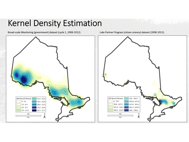 Kernel density estimation models of two sampling techniques in Ontario; a) broad-scale monitoring sample lakes and b) Lake partner program sample lakes, whereby the darker zones represents increased probability of lake sampling.