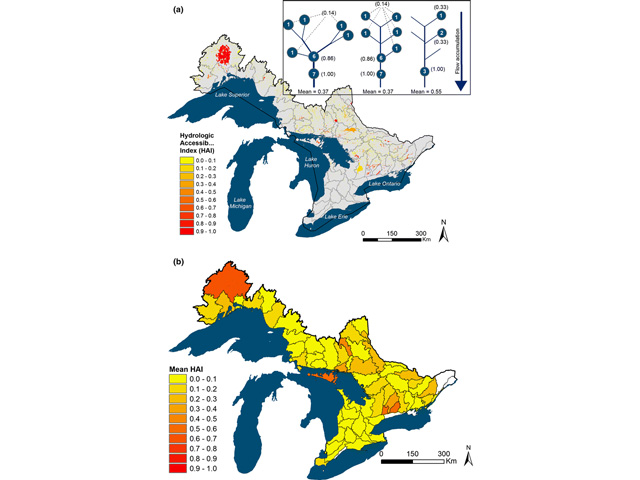 Map fo the Great Lakes indicating levels of Hydrologic Accessible Index.