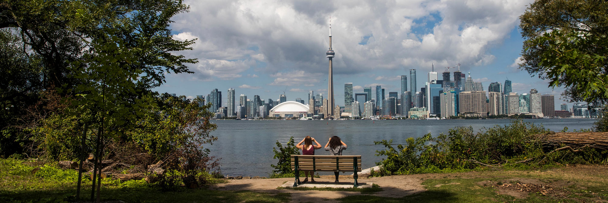 View of Toronto skyline from urban park on Toronto Island.
