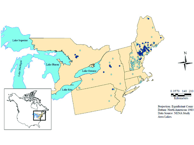 Map of study lakes for the northeastern North America NENA study the 1975 cohort