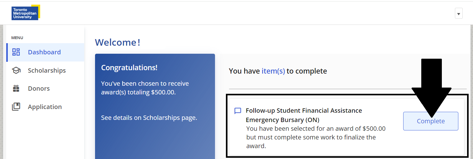 Highlighting the Complete button on the Follow-up Student Financial Assistance Emergency Bursary panel.