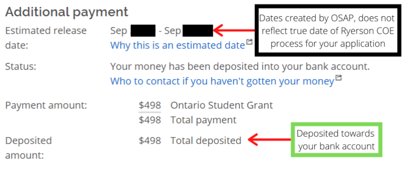 The Additional Payment screen with the estimated funding release dates by OSAP highlighted, as well as the total amount of funding deposited to your bank account