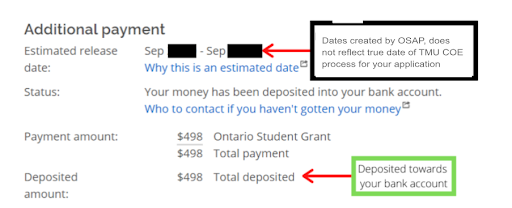 The Additional Payment screen with the estimated funding release dates by OSAP highlighted, as well as the total amount of funding deposited to your bank account.