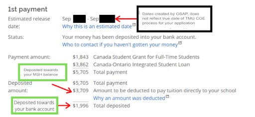First Payment page, highlighting the estimated funding release dates by OSAP, the amount of funding that will go directly to your tuition account, and the amount that will be deposited in your bank account.