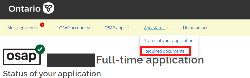 The OSAP website, with the App Status navigation menu expanded. In that menu, the Required Documents link is highlighted.