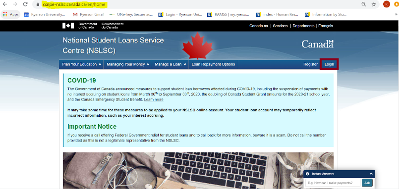 The NSLSC website home page. The Login button in the top right-hand corner of the website is highlighted.