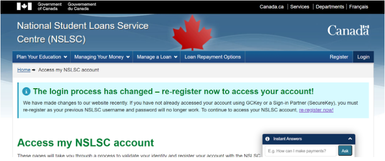 The NSLSC home page shown after logging in. The 'Access My NSLSC Account' heading is displayed underneath a banner that details the changes to the website's login process.