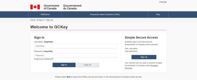 The page for the GCKey login option. A username and password field is displayed for users who have a GCKey.