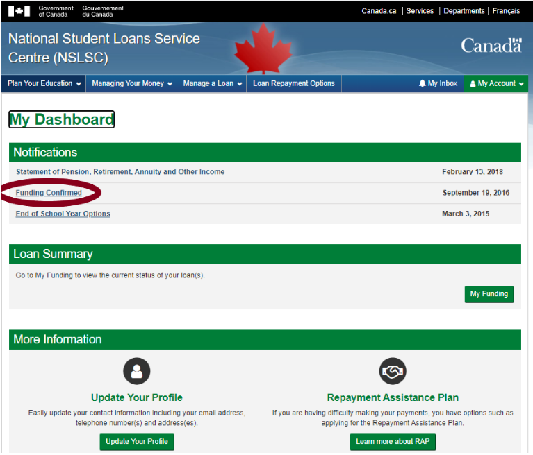 The NSLSC Funding Tracker Dashboard menu with the Funding Confirmed page link highlighted.