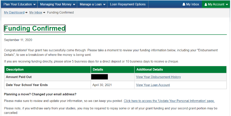 The Funding Confirmed page with the funding amount paid and end of current academic term displayed.